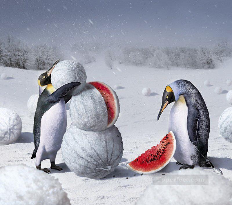 penguins and watermelon animal Oil Paintings